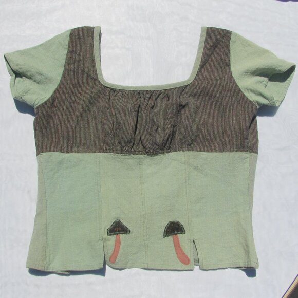 🍄Upcycled Mushroom Cotton Bamboo Open Back Top Sz S Boho Hippie Cottagecore - Picture 1 of 4